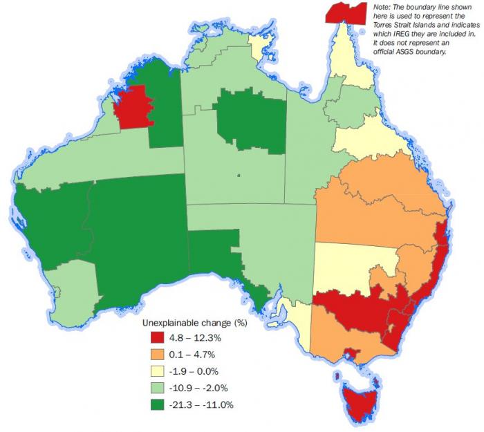 Map: Unexplainable change in counts of Aboriginal and Torres Strait Islanders in Indigenous Regions between 2011 and 2016