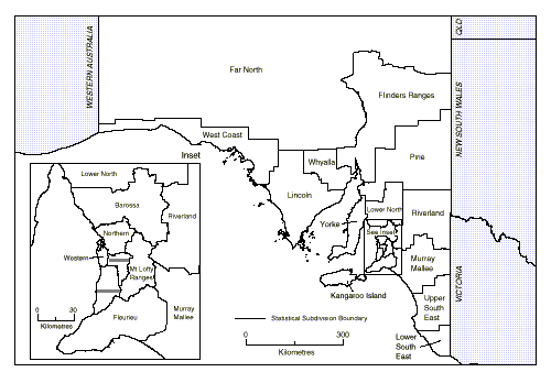 Map:  Map showing Statistical subdivisions in South Australia