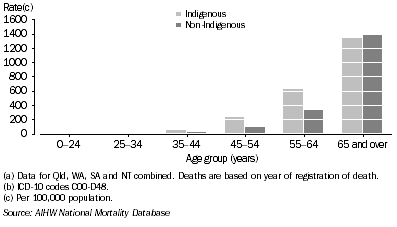 Graph: 9.26 Male death rates, neoplasms, by Indigenous status and age, Qld, WA, SA and NT combined, 2001-2005
