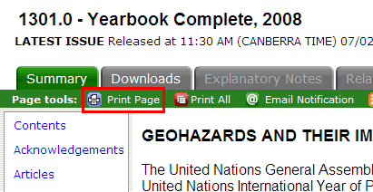 Print Page Icon on statistical product webpage