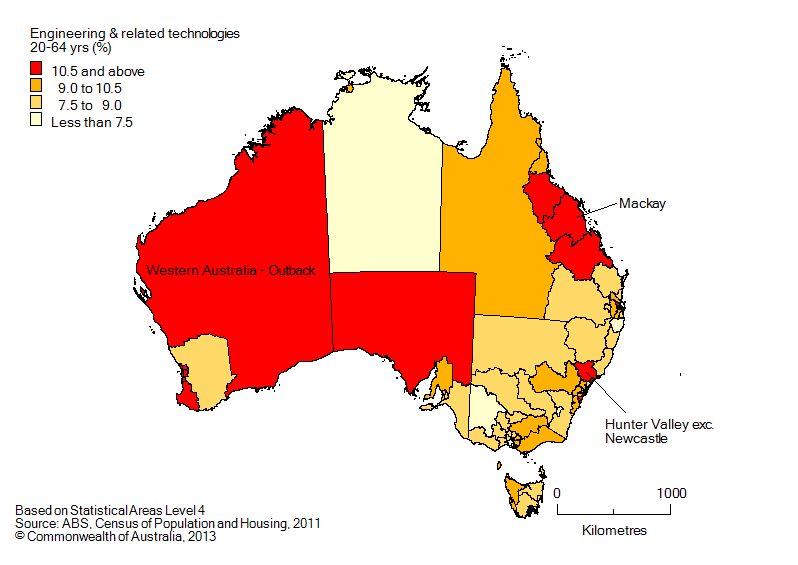 Map: Non-school qualifications in engineering and related technologies, 20-64 year olds, Australia, 2011
