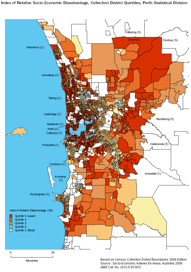 Map: Index of Relative Socio-Economic Disadvantage, Collection District Quintiles, Perth Statistical Division