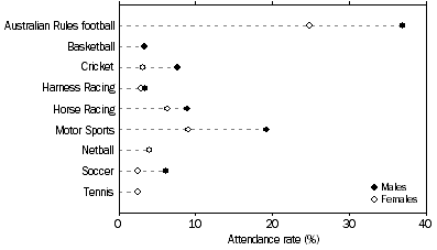 Sport attendance, by sex, South Australia — 2005–06