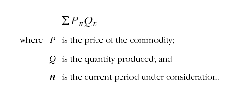 Formula representing the process of aggregating the monetary value production of an economy using constant price estimates