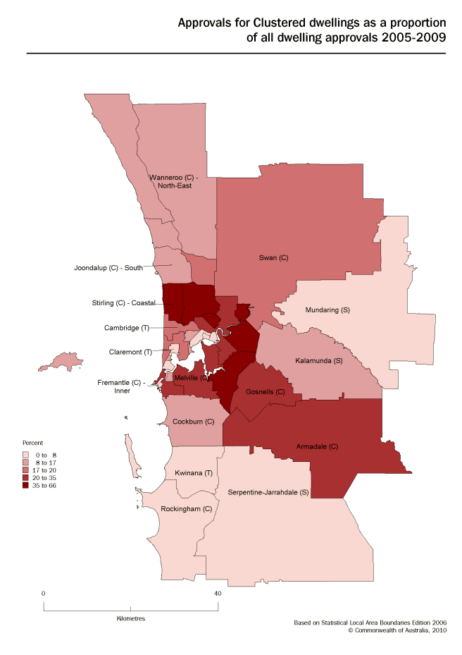 Map: Approvals for Clustered Dwellings as a proportion of all dwelling approvals 2005-2009