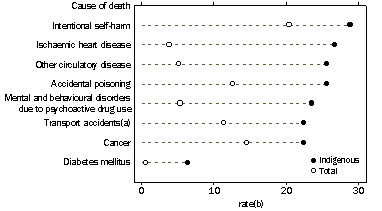 Indigenous and Total Australian Death Rates, persons aged 25-39 years, 1999