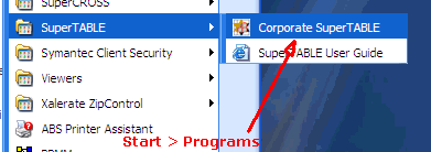 Image shows the Program menu to open the SuperTABLE application