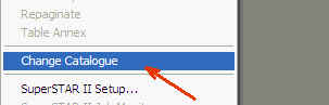 Image shows the Select 'File' > 'Change Catalogue' procedure from the SuperTABLE menu