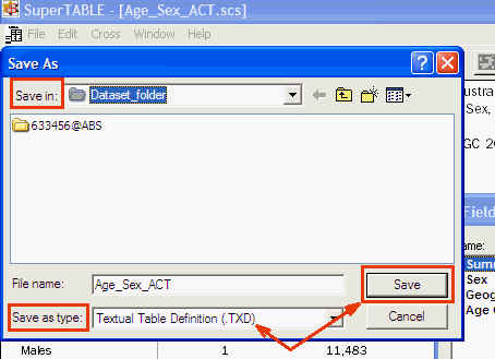 Image shows how to save the dataset table in a TXD file format