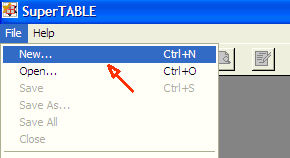 Image shows how to Select File/New from the menu to open the SuperTABLE Catalogue
