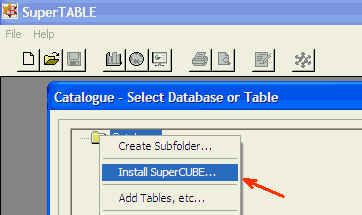 Image shows the context menu when you right click on the catalogue folder icon to select Install SuperCUBE
