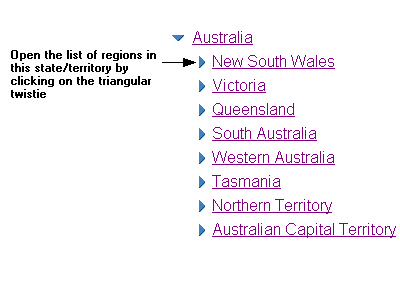Image: View after clicking 'Select a Local Government Area by Name'. Clicking on the triangular twistie will open the list of regions in the state/territory.