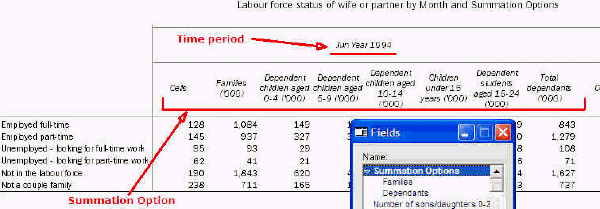 Image shows the Labour force data cube with Summation Option field below the Time Period