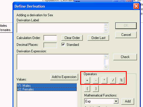 Image shows the operators that you can use in a formula to calculate a derivation.