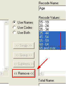 Image shows the Define Recode dialogue box in which the age groups over 35 are removed