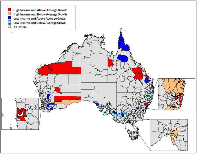 Map: Average Annual Wage and Salary Income and Income Growth Rate by Local Government Areas, 2003-04 to 2008-09