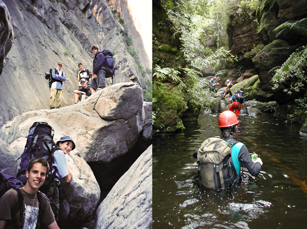 Photograph: Venturer Scouts hiking – courtesy Neville Austin and Australian Scout Magazine (left). Scouts wading through water in a ravine – courtesy Scouts Australia (right),