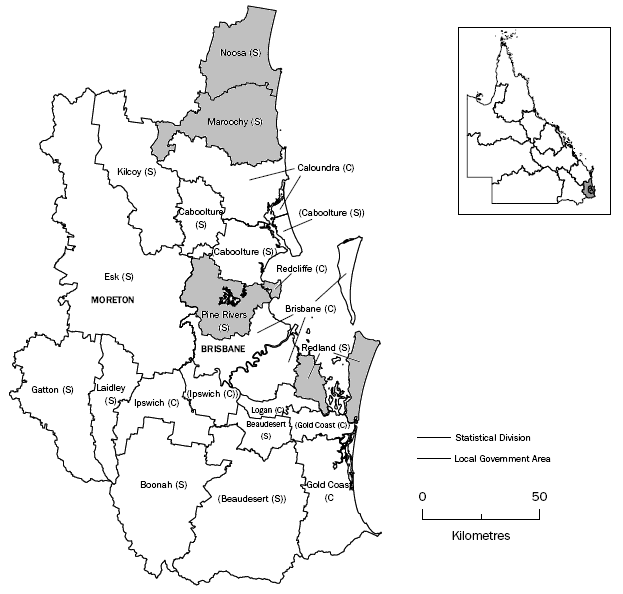 Map - Brisbane and Moreton SDs with alphabetical listing of LGAs of Maroochy to Redland highlighted