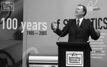 Image: The Hon Peter Costello MP, Treasurer, speaking at the event celebrating the centenary of the ABS and 100 years of statistics on 8 December 2005