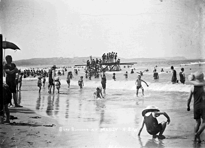 Diving board and bathers, Manly beach, c1908 -- courtesy Manly Library.