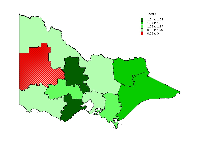 Map - Percentage Population Change, Victoria by SD, 2003-2004