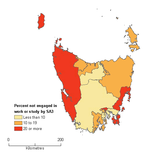 Map: PROPORTION OF TASMANIAN YEAR 12 GRADUATES IN 2006, WHO WERE NOT ENGAGED IN 2011, 