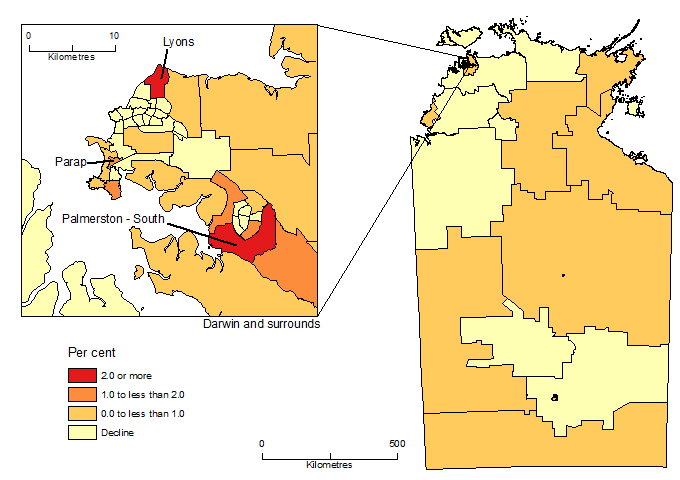 Image: Map showing Population Change by SA2, Northern Territory, 2016-17