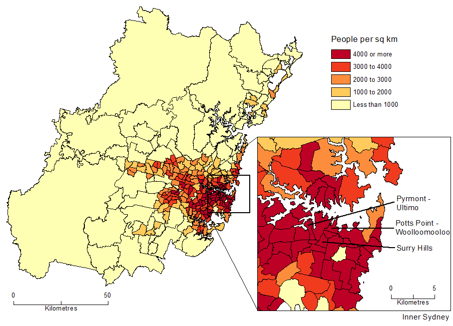 Diagram: POPULATION DENSITY BY SA2, Greater Sydney - June 2015