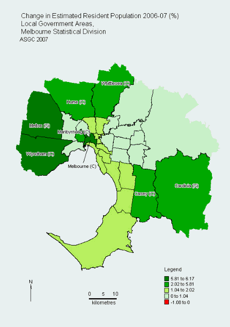 Graph: Change in Estimated Resident Population, 2006-07 (%), Local government Areas, Melbourne Statistical Division