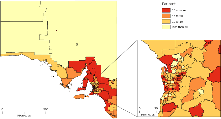 Diagram: POPULATION AGED 65 YEARS AND OVER, Statistical Areas Level 2, South Australia—30 June 2013