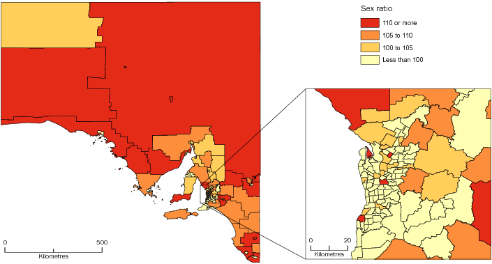 Diagram: MALES PER 100 FEMALES, Statistical Areas Level 2, South Australia—30 June 2013