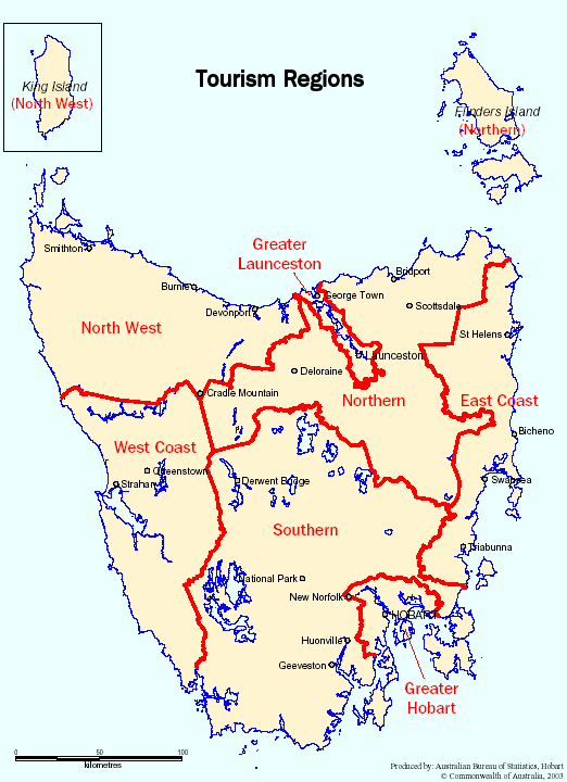 Map: Tasmanian Tourism Regions relating to ABS Survey of Tourist Accommodation statistics and Tourism Tasmania Tasmanian Visitor Survey statistics