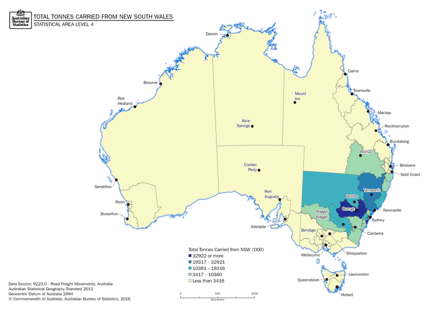 Image: Thematic Maps: Total Tonnes Carried from New South Wales by Destination (Statistical Area Level 4)