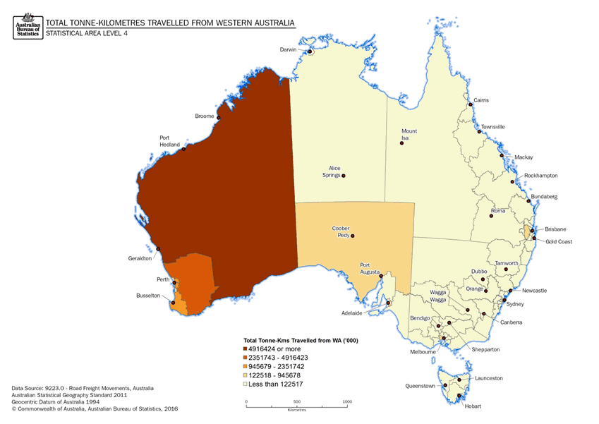 Image: Thematic Maps: Total Tonne-kilometres Travelled from Western Australia by Destination (Statistical Area Level 4)