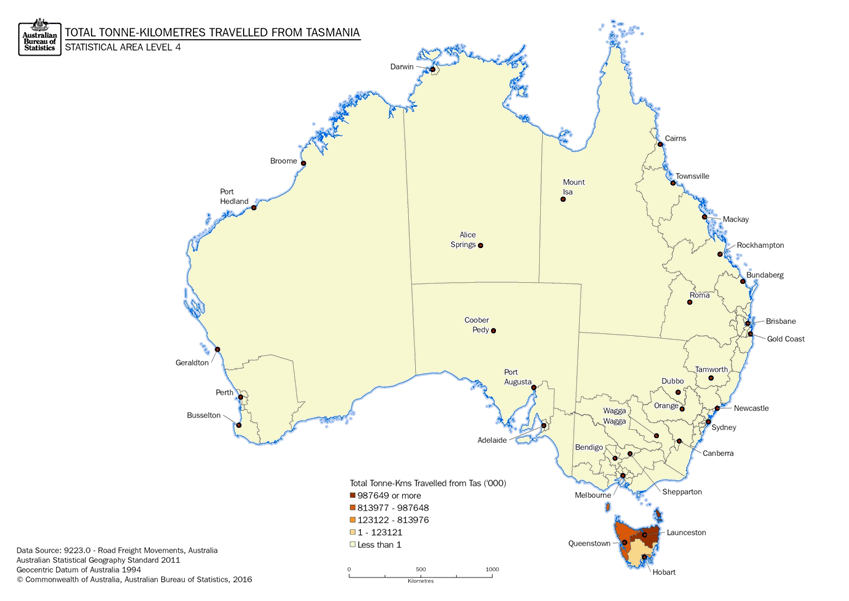 Image: Thematic Maps: Total Tonne-kilometres Travelled from Tasmania by Destination (Statistical Area Level 4)