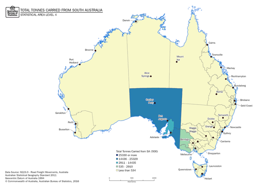 Image: Thematic Maps: Total Tonnes Carried from South Australia by Destination (Statistical Area Level 4)