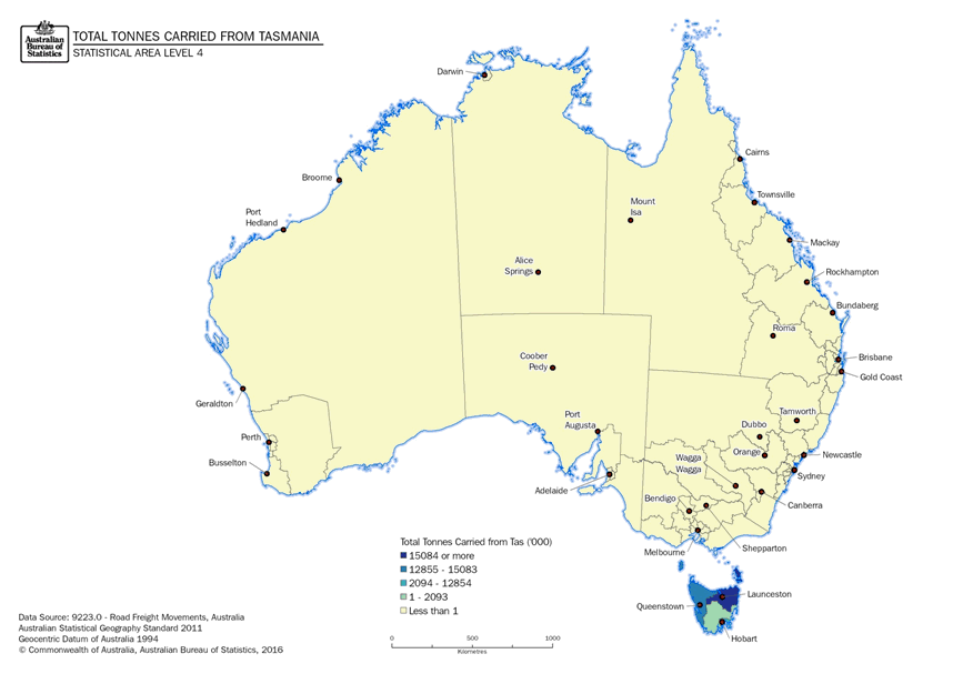 Image: Thematic Maps: Total Tonnes Carried from Tasmania by Destination (Statistical Area Level 4)