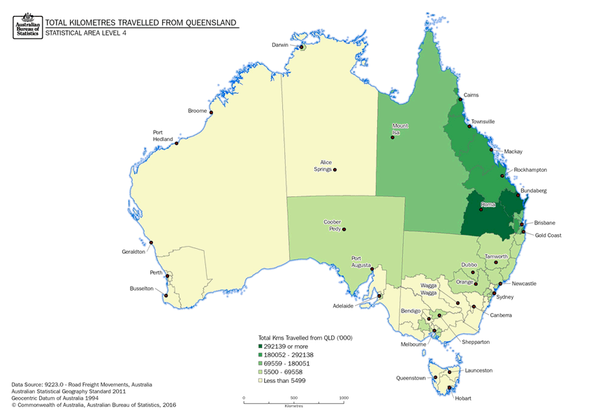Image: Thematic Maps: Total Kilometres Travelled from Queensland by Destination (Statistical Area Level 4)