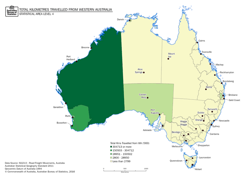 Image: Thematic Maps: Total Kilometres Travelled from Western Australia by Destination (Statistical Area Level 4)