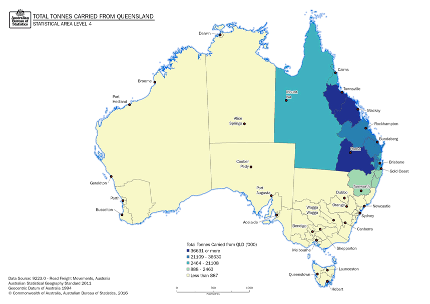 Image: Thematic Maps: Total Tonnes Carried from Queensland by Destination (Statistical Area Level 4)