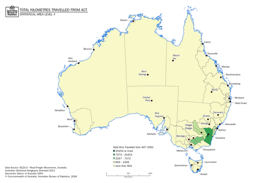 Image: Thematic Maps: Total Kilometres Travelled from the Australian Capital Territory by Destination (Statistical Area Level 4)