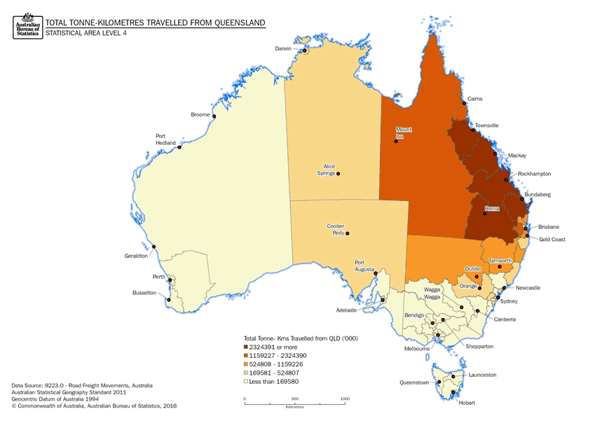 Image: Thematic Maps: Total Tonne-kilometres Travelled from Queensland by Destination (Statistical Area Level 4)
