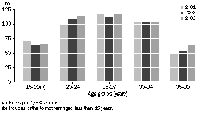 Graph: AGE-SPECIFIC FERTILITY RATES(a), Selected age groups, Northern Territory—2001-2003