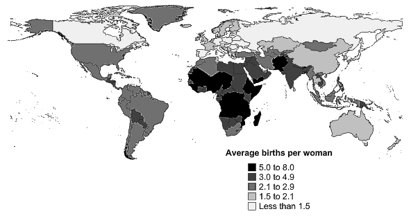 Map 5.30: TOTAL FERTILITY RATES, By country - 2000-05