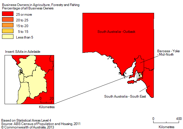 Map: PERCENTAGE OF BUSINESS OWNERS IN THE AGRICULTURE, FORESTRY AND FISHING INDUSTRY BY SA4(a), South Australia - 2011