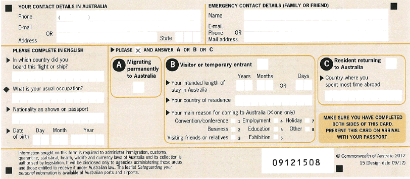 Image of incoming passenger card