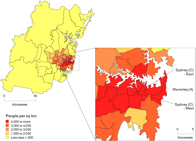 Diagram: POPULATION DENSITY BY SLA, Sydney SD—June 2011