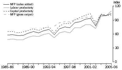 Graph: 3.1 Agricultural MFP, labour productivity and capital productivity, (2004-05 = 100)