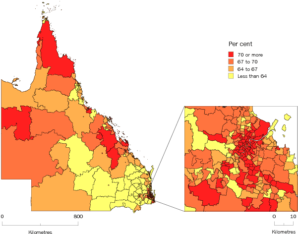 Diagram: WORKING AGE POPULATION (AGED 15-64 YEARS), Statistical Areas Level 2, Queensland—30 June 2011