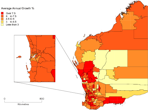 Diagram: Map showing growth and Average Annual Income from Wages and salaries, Statistical Local Areas, Western Australia